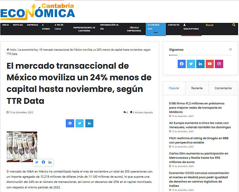 El mercado transaccional de Mxico moviliza un 24% menos de capital hasta noviembre, segn TTR Data